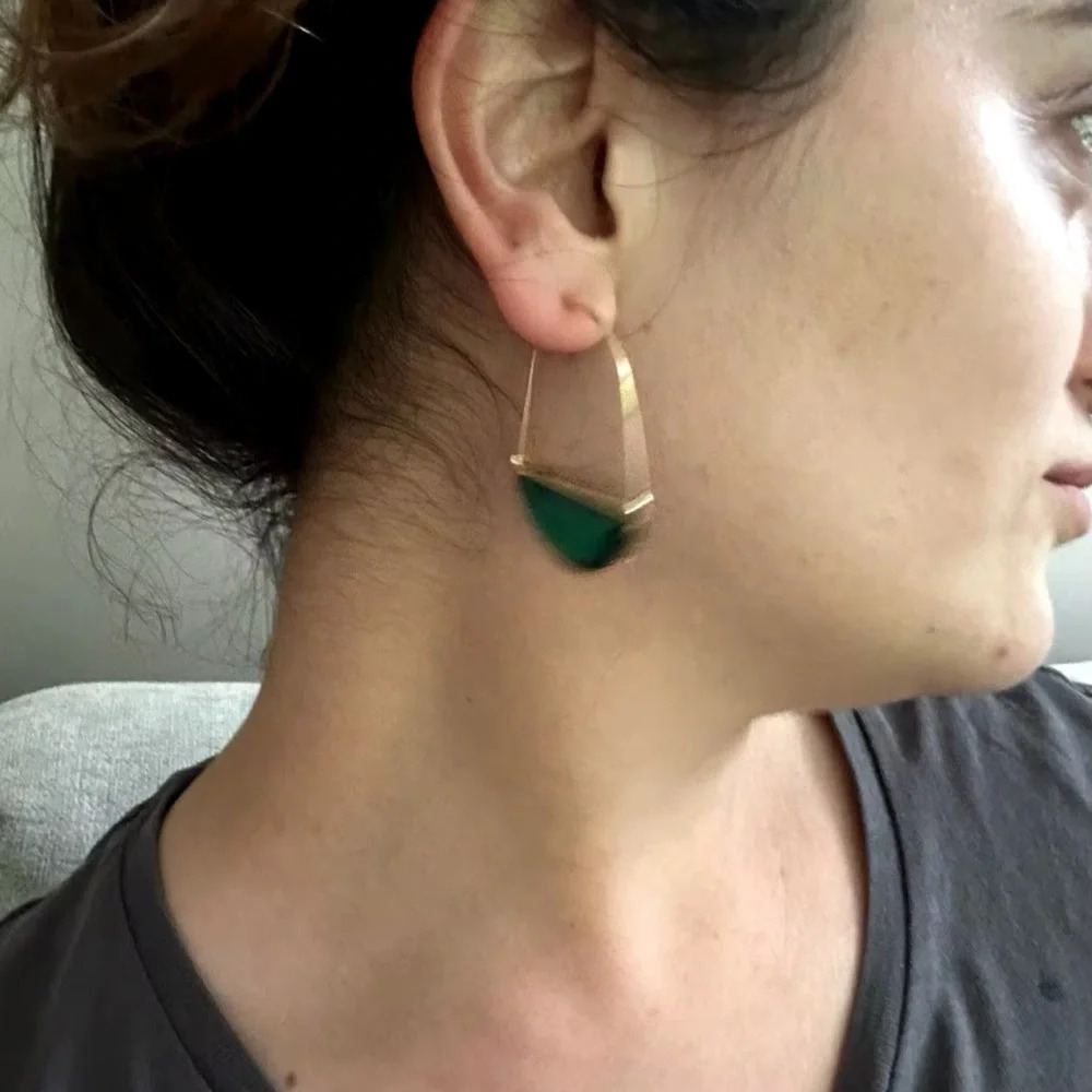 Anthropologie Gold Hoop Emerald Green Semicircle Drop Earrings - Picture 8 of 12